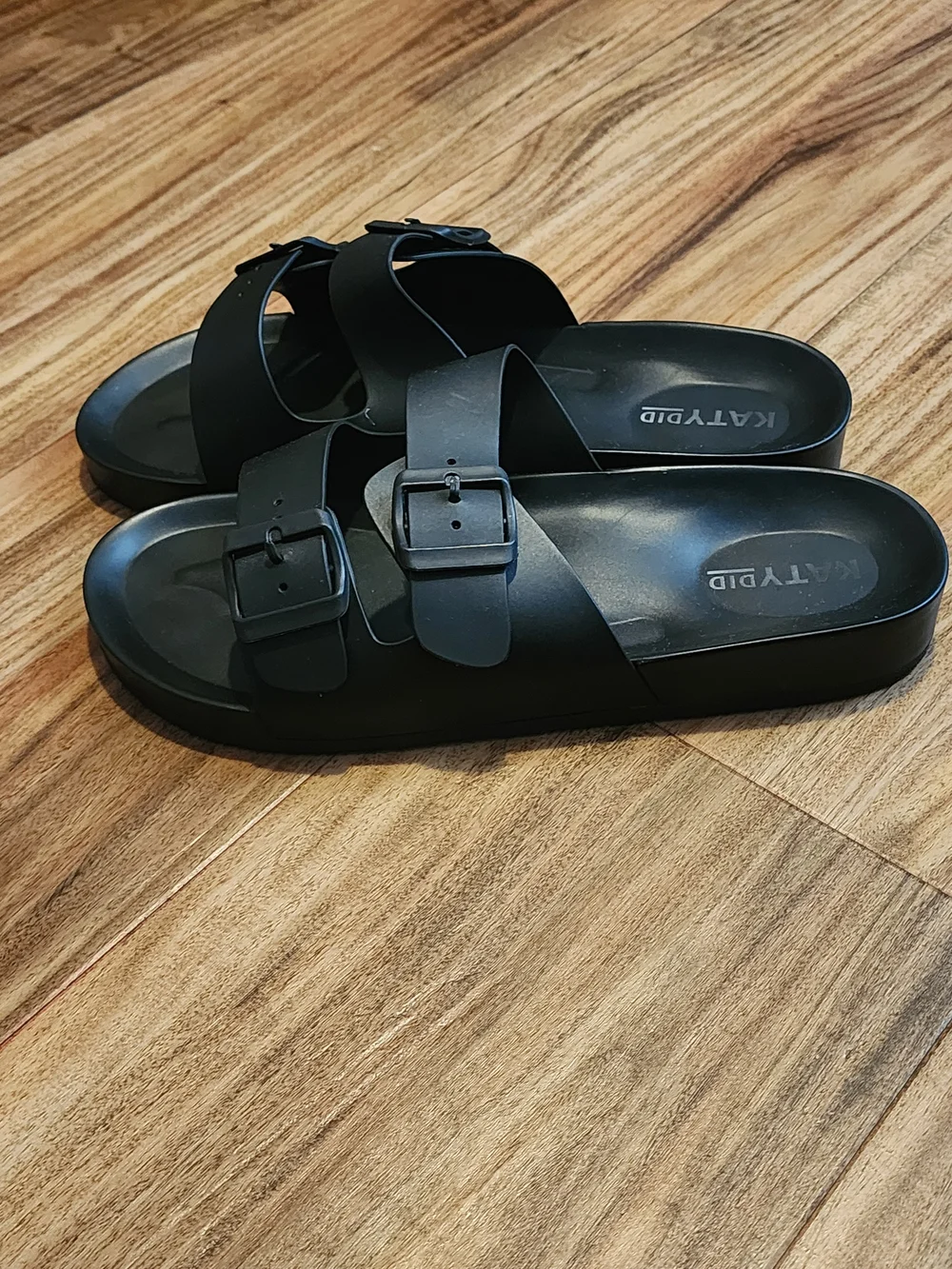 Katydid Black Double-Buckle Slide Sandals